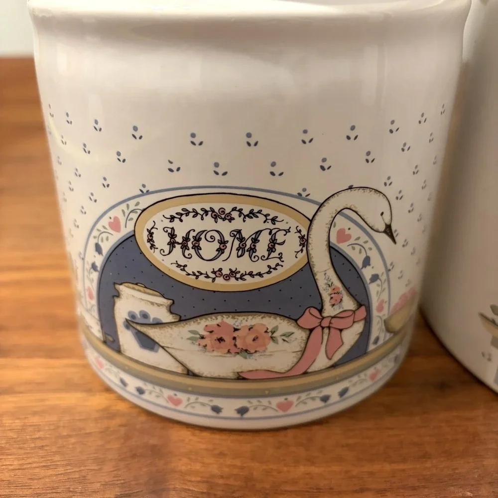 Vintage Home Swan Goose Stoneware Canisters Set of 2 Pink Blue Farmhouse 1980s